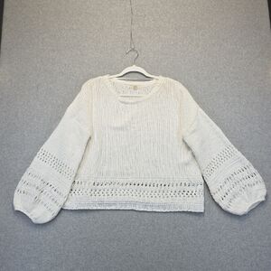 Cupio Knit Sweater L White Crochet Detail Balloon Sleeves Boho Chic